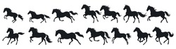 Set Of Silhouettes Of Horse. Horses Running. Isolated On Transparent Background. Eps 10