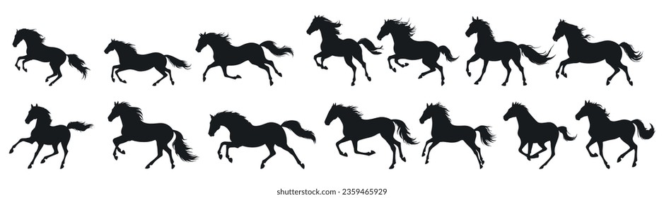 set of silhouettes of horse. horses running. isolated on transparent background. eps 10