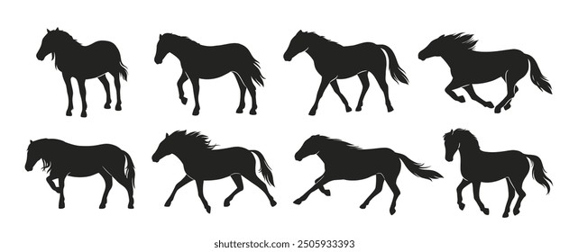 Set of silhouettes of horse. Icons with dark figures of galloping, running and moving horses. Silhouettes of animal or mammal. Flat vector illustration collection isolated on white background