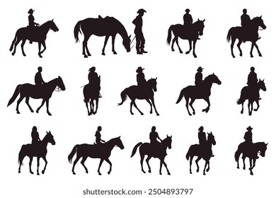 A set of silhouettes of a horse with a rider
