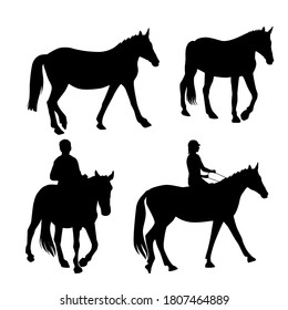 Set of silhouettes of horse and rider, vector, black color, isolated on white background