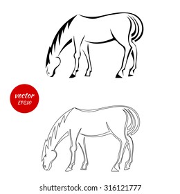 A set of silhouettes of horse that grazes isolated on white background. Vector illustration.