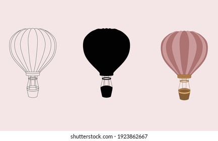 conjunto de siluetas de aire caliente   globos. arte de línea de globo. silueta negra de aerostato