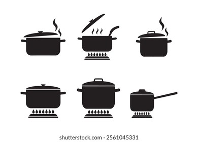 Set of silhouettes of hot pans on fire