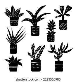Set of silhouettes of house plants in pots. Vector illustration. On a white background. Suitable for stencils.