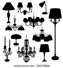 Set of silhouettes of household lamps, floor lamps, candle holder, kitchen chandelier on a white background