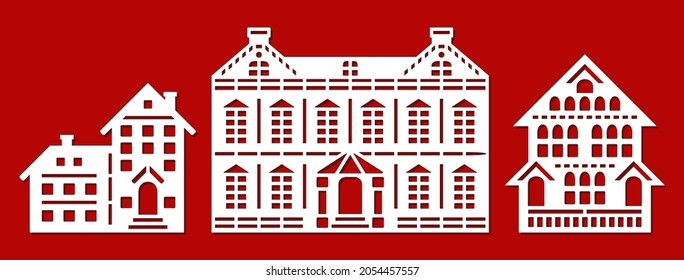 Set of silhouettes of houses. Facades of various buildings, houses, palaces, cottages, townhouses. Many floors, attic, roof, chimney, windows, door. Vector template for plotter laser cutting of paper.