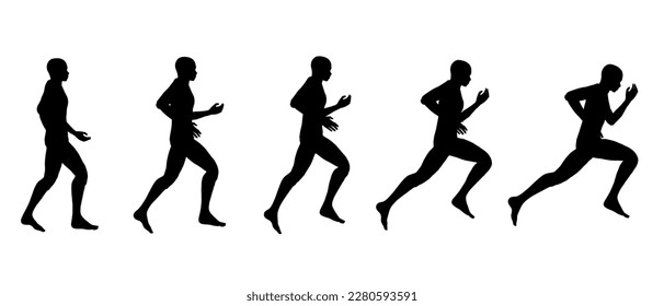 Set of silhouettes human anatomy on walking to sprint on white background.