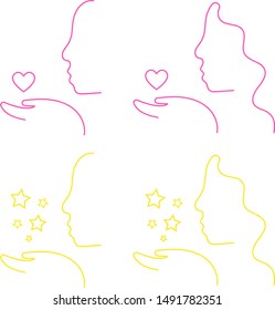Set of silhouettes of human faces in profile (man and woman) holding symbols of love / heart and stars on the palm, lines, vector graphics, vector illustration