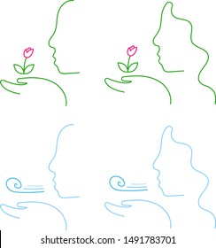Set of silhouettes of human faces in profile (man and woman) holding symbols of air (wind spiral) and earth (flower) on the palm, lines, vector graphics, vector illustration