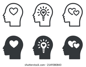 Set of silhouettes human head with heart icons. Passion symbols, affection. Head with heart sign. Vector illustration.