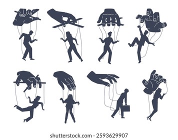 Set silhouettes human manipulator arms. Manipulating process. Hand hold marionettes with strings, men and women domination. Abuse metaphor. Freedom concept. Vector isolated illustration