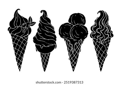 Conjunto de silhuetas, carimbos de sorvete em um cone de waffle, sobremesas de verão populares. Gráficos vetoriais.