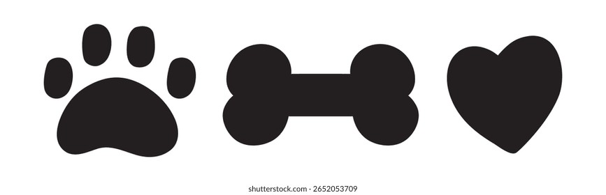 Set of silhouettes icons. Dog paw, Dog bone, heart. Vector illustrations. Graphic design on white background.