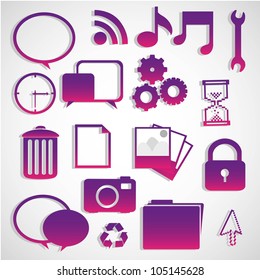 set of silhouettes of icons on purple, vector illustration