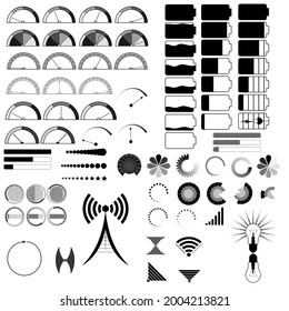 Set with silhouettes of icons of various indicators isolated on white background. Vector illustration