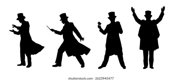 Set of silhouettes of illusionist, magician - vector illustration