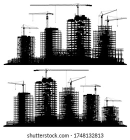 Set of silhouettes illustration of a construction site with cranes and skyscrapers.