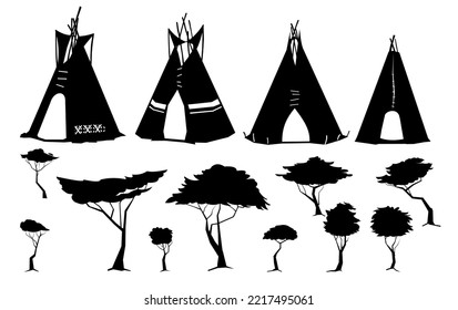 Set of Silhouettes Indians wigwam hut made of felt and skins with trees.. North American tribal dwelling. Traditional home of nomadic peoples. Isolated on white background Vector