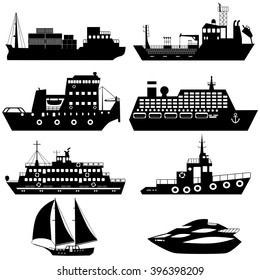 Set of silhouettes of industrial cargo and passenger ships and boats. Vector illustration