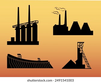 Set of silhouettes of industrial factories on a yellow background. Vector illustration