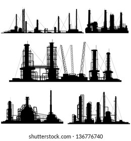 Set of silhouettes of  industrial part of city (factories, refineries and power plants).