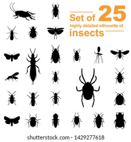 Set of silhouettes of insects: butterfly, mantis, grasshopper, dragonfly, mol, flea, fly, caterpillar, spider, mosquito