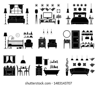 Set of silhouettes of interiors. Stencils of rooms for various purposes. Vector black white illustration. Rooms with furniture and accessories. Template.