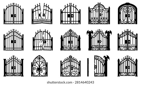 Set of silhouettes of iron gates, cemetery fences, and garden entrances