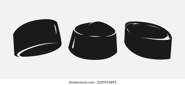 Set silhouettes of islamic cap, skull cap, kopiah, songkok, peci. Icon, logo on white background. Vector illustration.