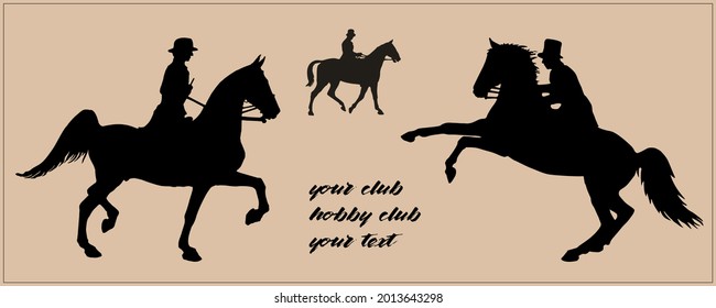 set, silhouettes isolated on a light background, a lady and a gentleman on horseback