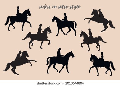 set, silhouettes isolated on a light background, a lady and a gentleman on horseback