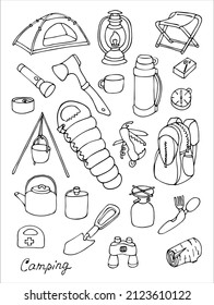 Set of silhouettes of items for camping. Doodles. Vector illustration