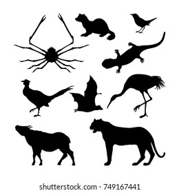 Set of silhouettes of Japanese animals. Black tiger, crane and pheasant on a white background. Vector illustration