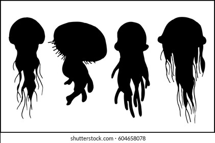 set of silhouettes of jellyfishes