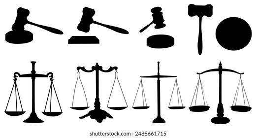 set of silhouettes of judge's gavel and scales of justice.  isolated black silhouette suitable for justice and law themed designs.