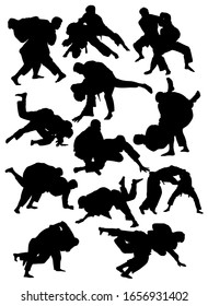set of silhouettes of judo athletes vector illustration