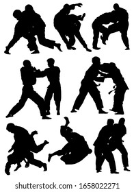 set of silhouettes of judo athletes vector illustration