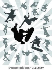Set of silhouettes jump skate on a gray background-vector