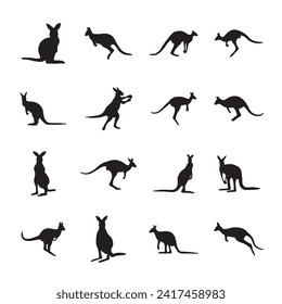 Set silhouettes of kangaroo, different poses, black color, isolated on white background. Lies, stands, sits, jumps. Vector realistic illustrations