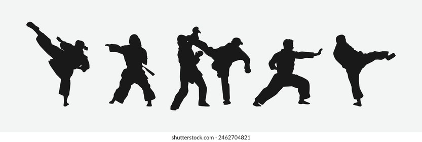 Set of silhouettes of karateka, male and female athletes. Martial arts, competition, fighting. Different pose, movement on isolated background. Vector illustration.