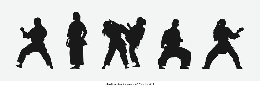 Set of silhouettes of karateka, male and female athletes. Martial arts, competition, fighting. Different pose, movement on isolated background. Vector illustration.