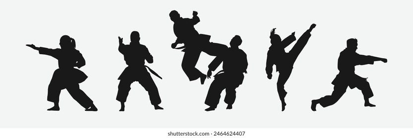 Set of silhouettes of karateka, male and female athletes. Martial arts, competition, fighting. Different pose, movement on isolated background. Vector illustration.