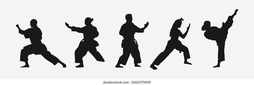 Set of silhouettes of karateka, male and female athletes. Martial arts, competition, fighting. Different pose, movement on isolated background. Vector illustration.