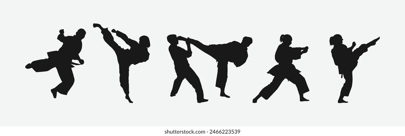 Set of silhouettes of karateka, male and female athletes. Martial arts, competition, fighting. Different pose, movement on isolated background. Vector illustration.