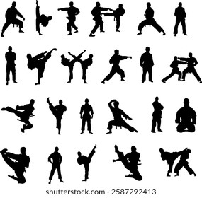 set of silhouettes of karatekas in different angles, vector