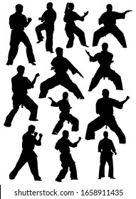 set of silhouettes of kata karate athletes vector illustration