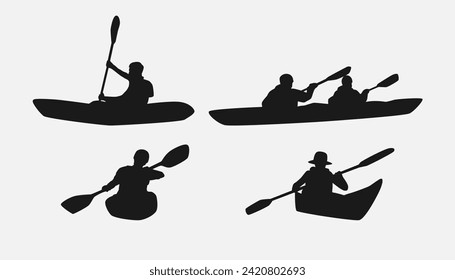 set of silhouettes of kayaking with different poses, gestures. isolated on white background. vector illustration.