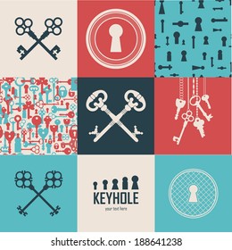 Set of silhouettes keyholes and keys and decorated frame. Vintage design elements. Seamless pattern.