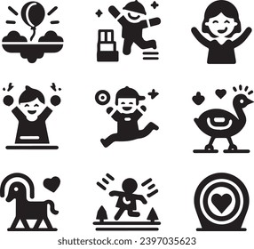 Set of silhouettes kids baby children editable vector icon in various poses